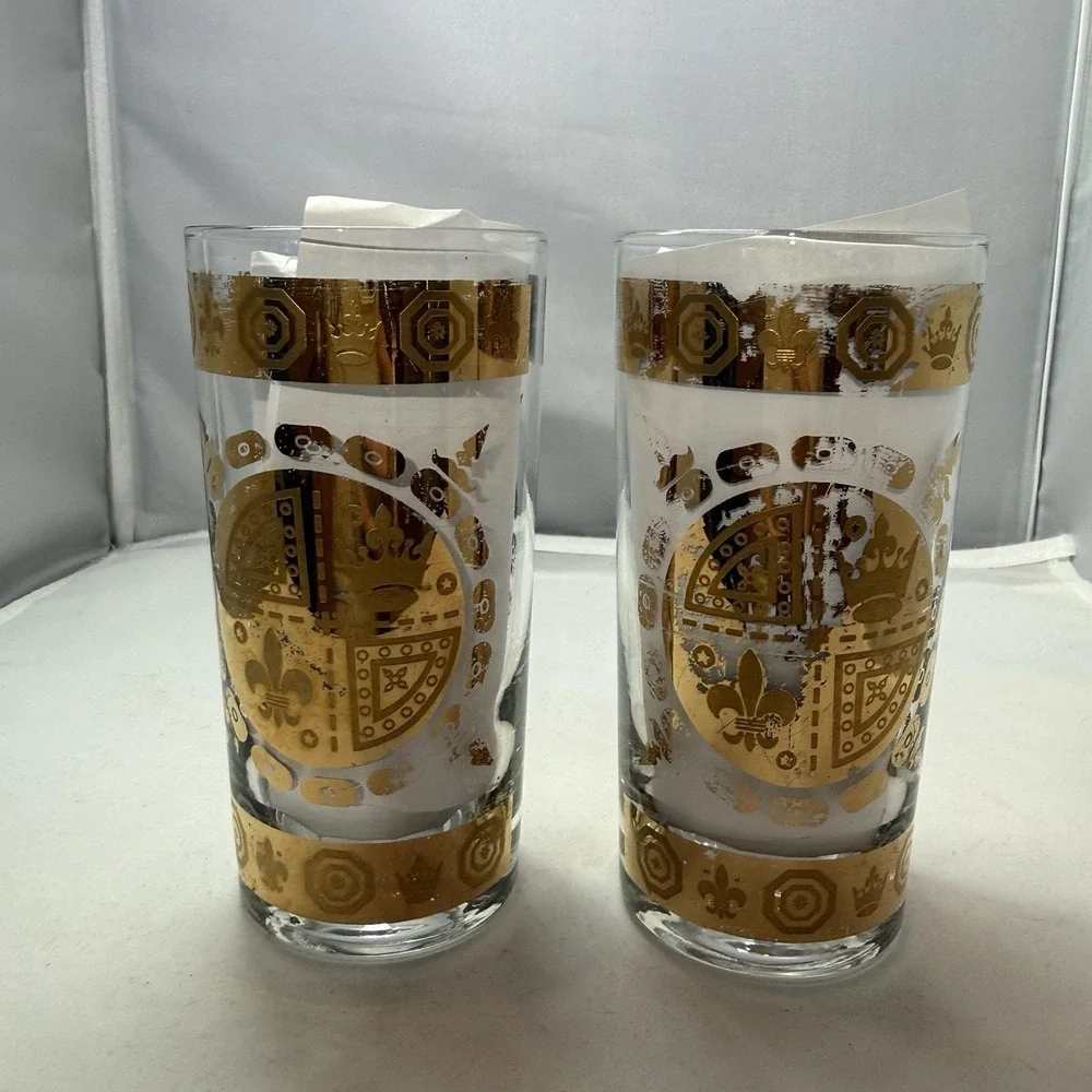VTG MCM Vito Bari Barware Set 8 Highball Glasses, Ice Bucket & Caddy 22KT Gold